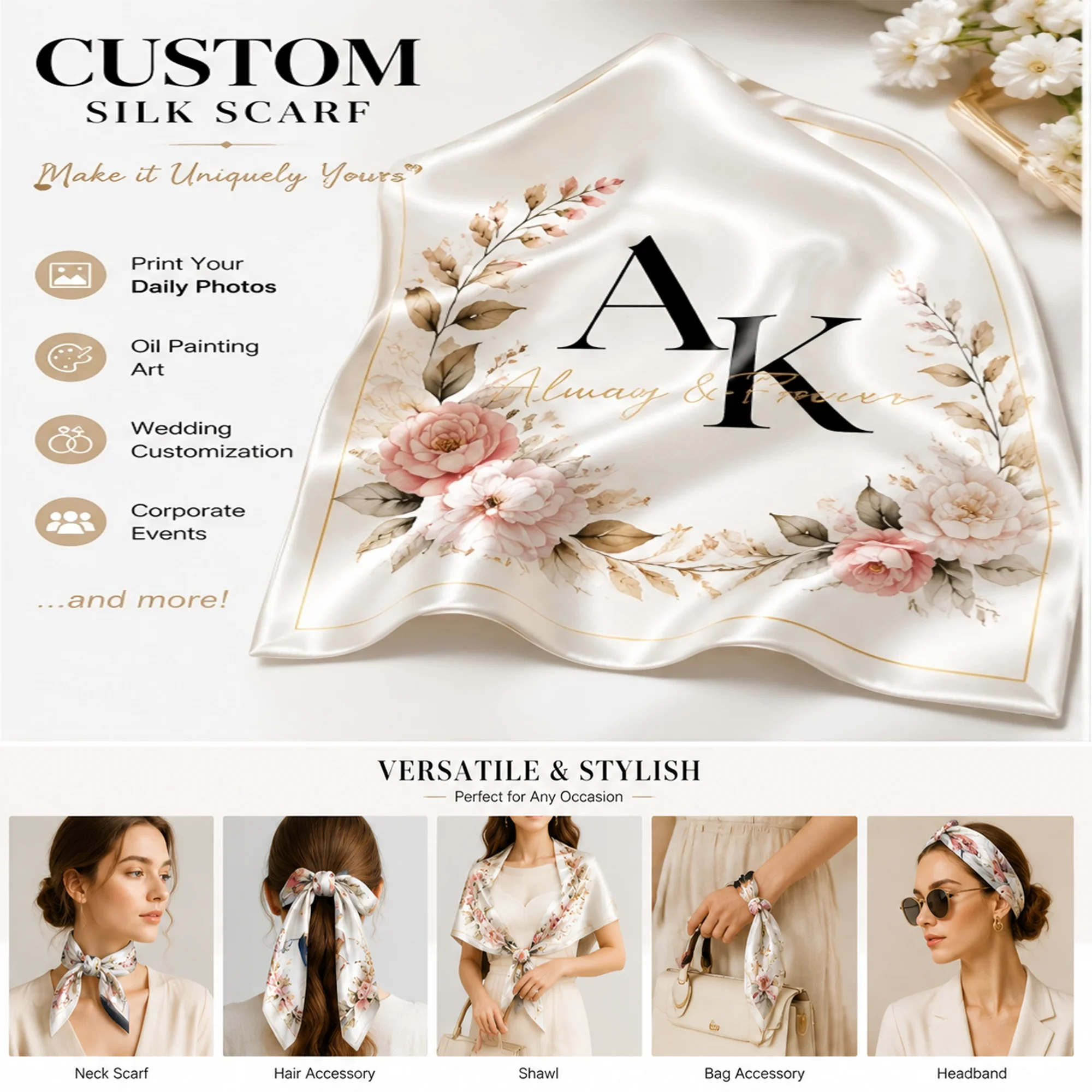 

100 pieces of custom-made, hand-printed fashionable women's silk scarves. Suitable as wedding gifts, Christmas presents, Mother'