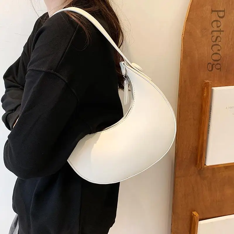 Fashion White Shoulder Bags For Women Pu Leather Solid Color Half Moon Crossbody Bag Designer Lady Handbags Ladies Underarm Bags