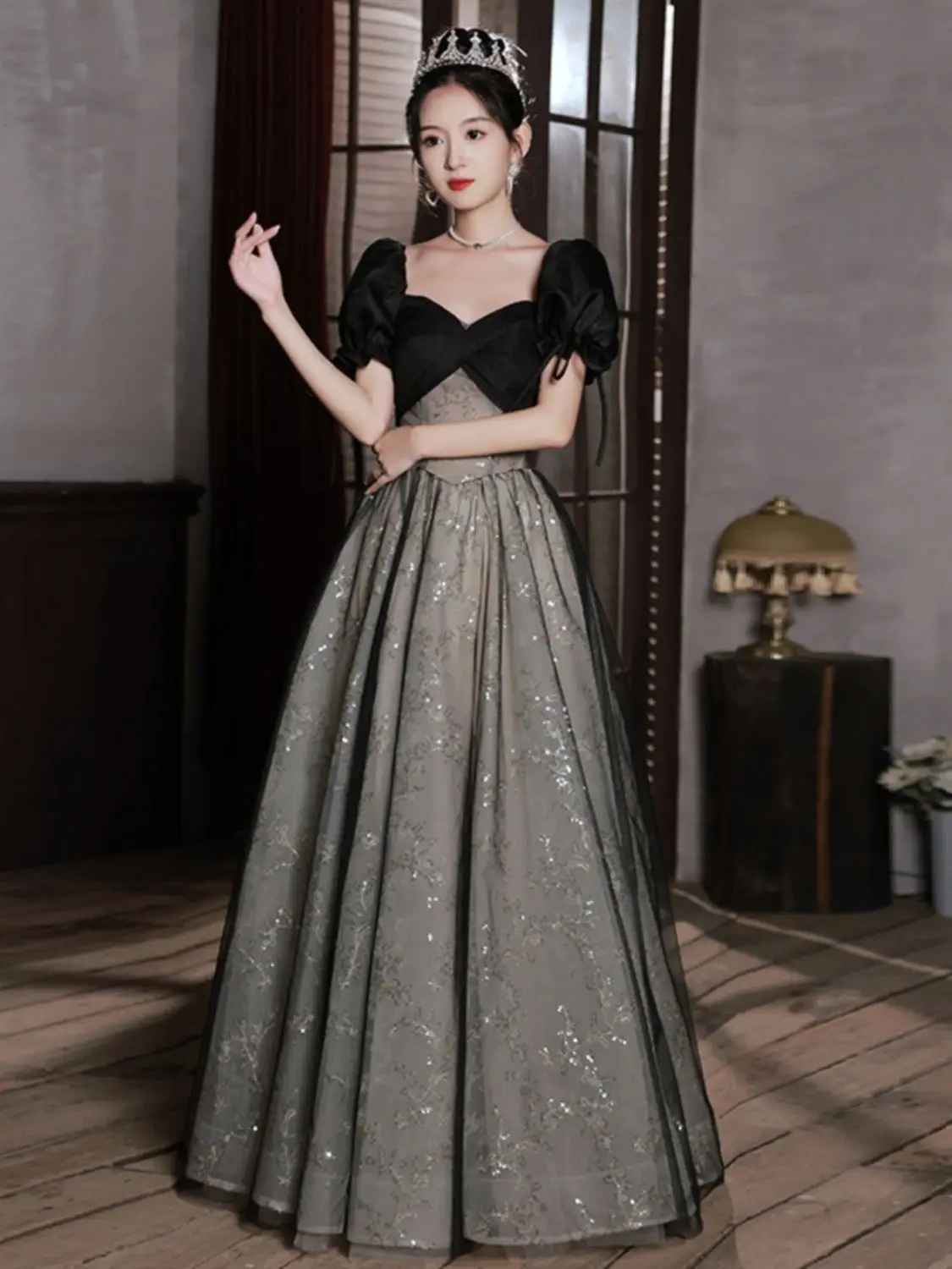 One Shoulder Evening Dress French Style Black Dress Haute Couture Annual Meeting Clothes Sequin Evening Gown Black Dress