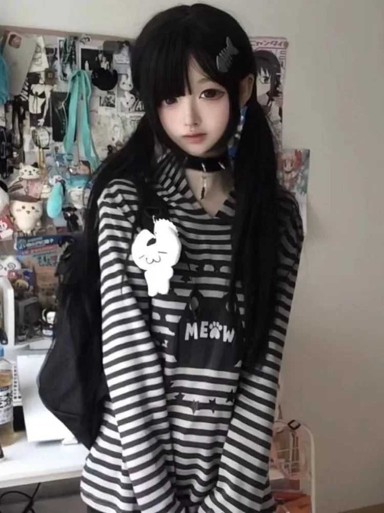 Japanese Sweet Cute Y2k Harajuku Hoodie Anime Cartoon Print Hooded Tops Loose Striped T-shirt Long Sleeve Streetwear Women Trend