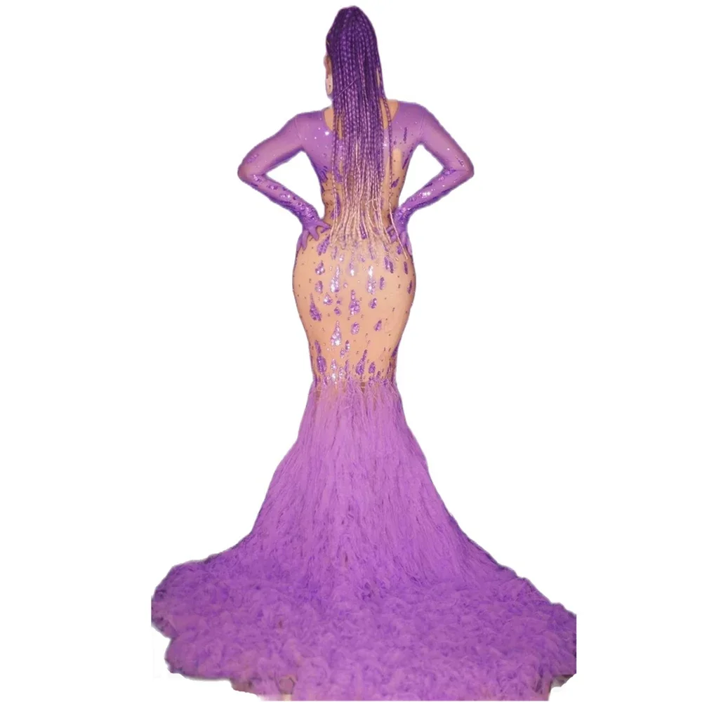 Purple Mermaid Dress Rhinestone Long Dress Women Crystal Long Sleeve Party Outfit Nightclub DJ Singer Stage Catwalk Show Costume