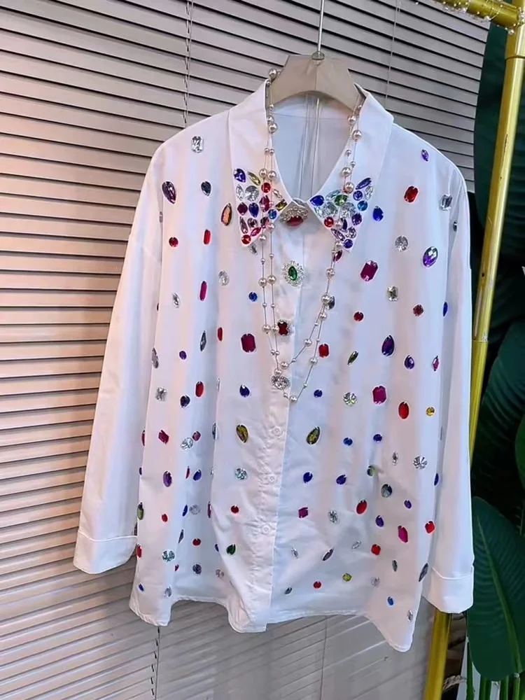 Cororful-Blusa de algodón con lentejuelas y cristales para mujer, camisa de manga larga, longitud media, 2024