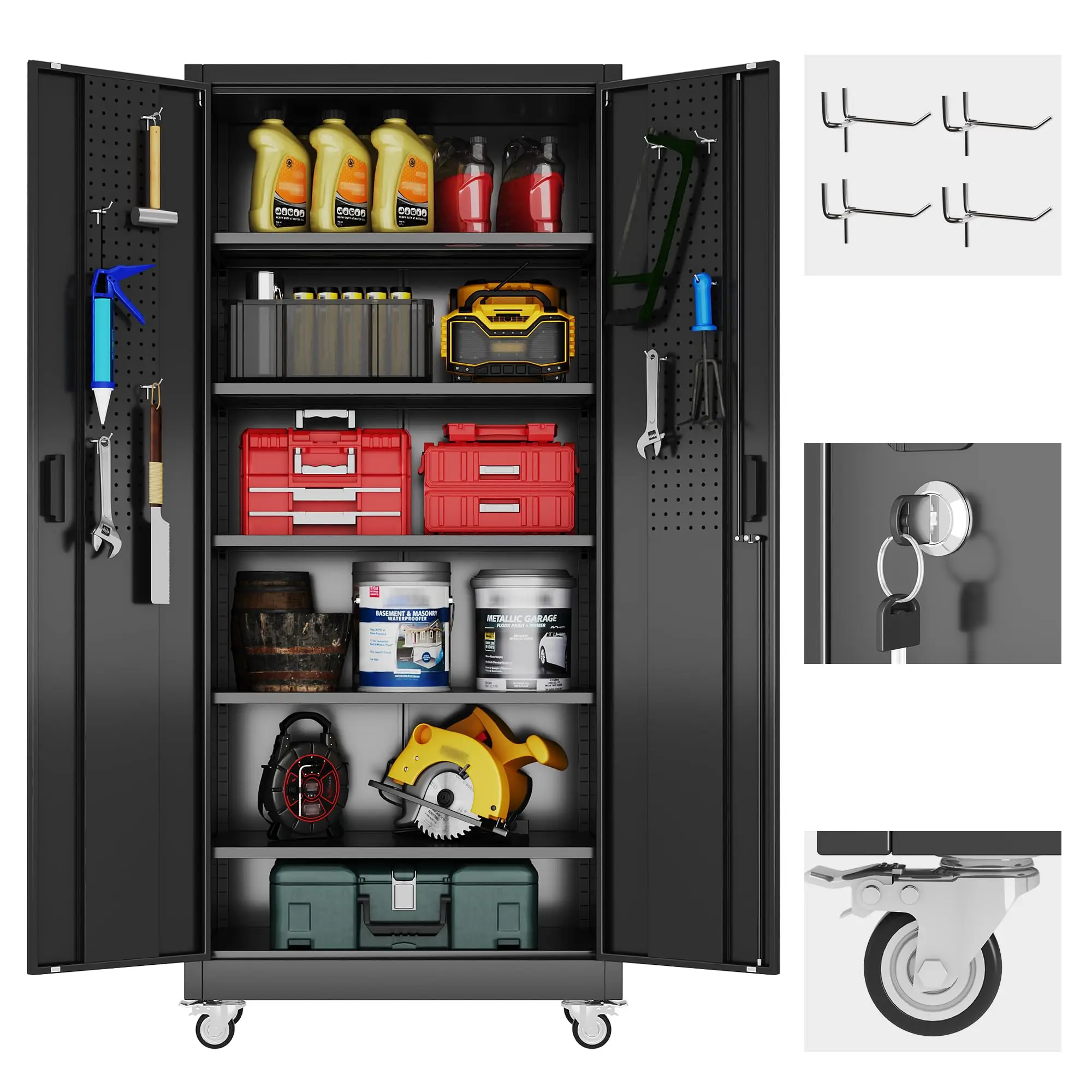5 Adjustable 170 lb Shelves, Lockable Doors, Door pegboard and 4 Removable casters for Garage, Utility Storage.