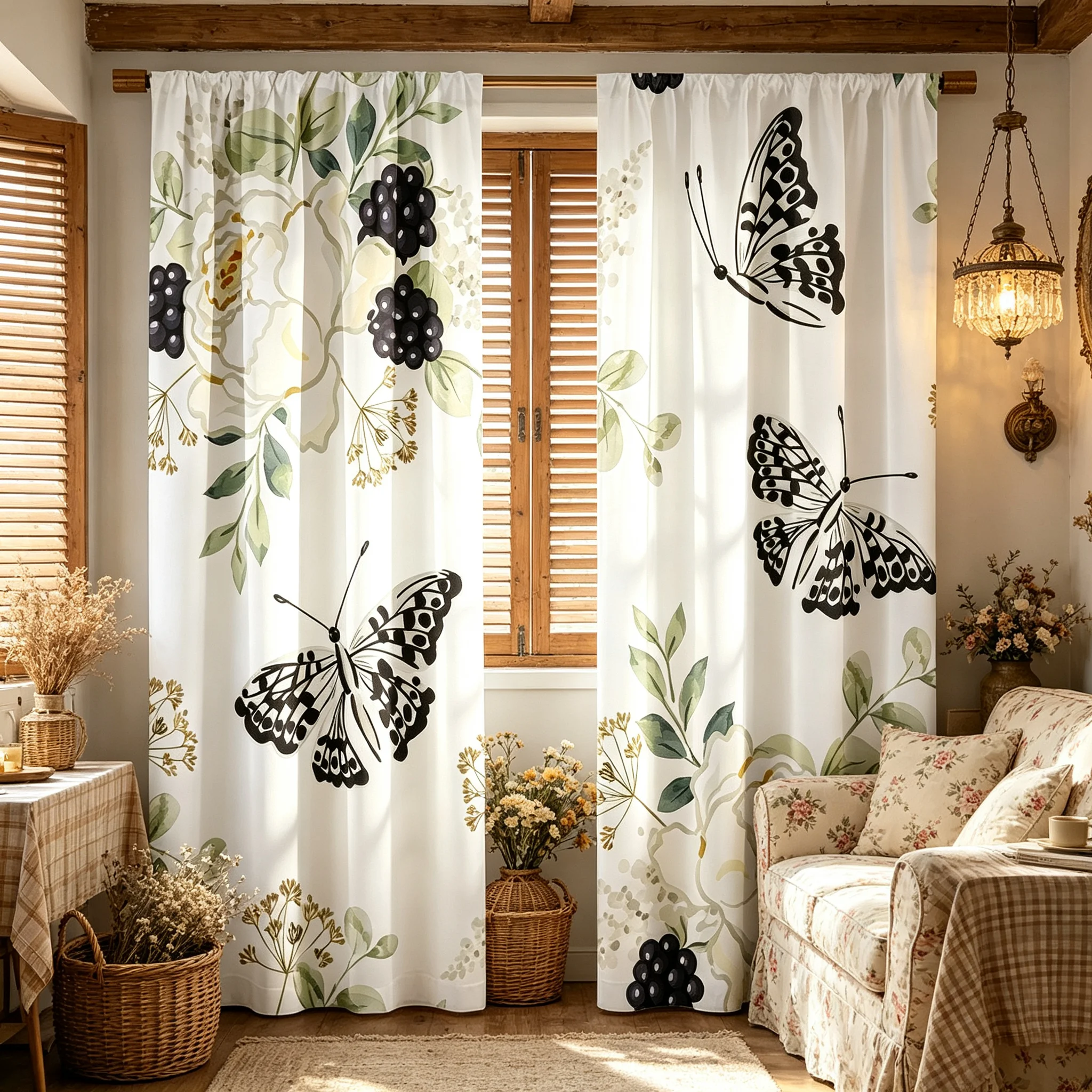 2-Piece Butterfly Print Heat Insulating Light Blocking Curtains 100% Polyester Fiber Machine Washable Modern Rod Pocket Suitable