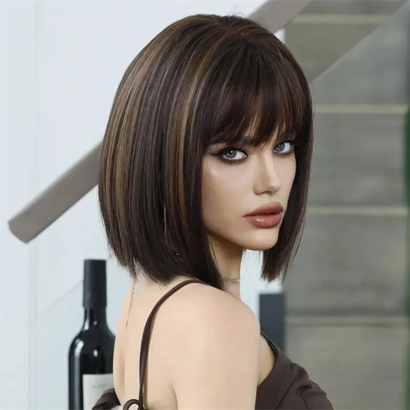 Short Ombre Honey Blonde Highlight Synthetic Lace Front Bob Wigs Colored Ash Brown Straight Wig Heat Resistant Hair For Women