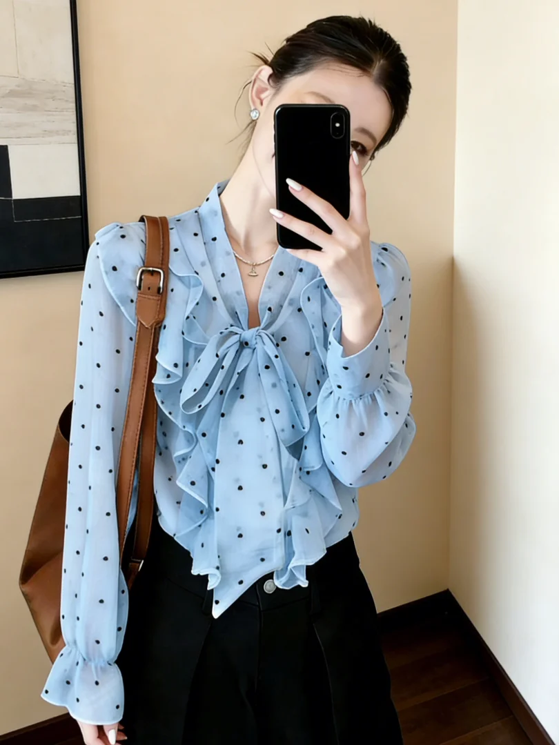 

Elegant Polka Dot Long Sleeve Women's Shirt Chiffon Knot Commute Sleeve Beautiful Flounce Slimming Top