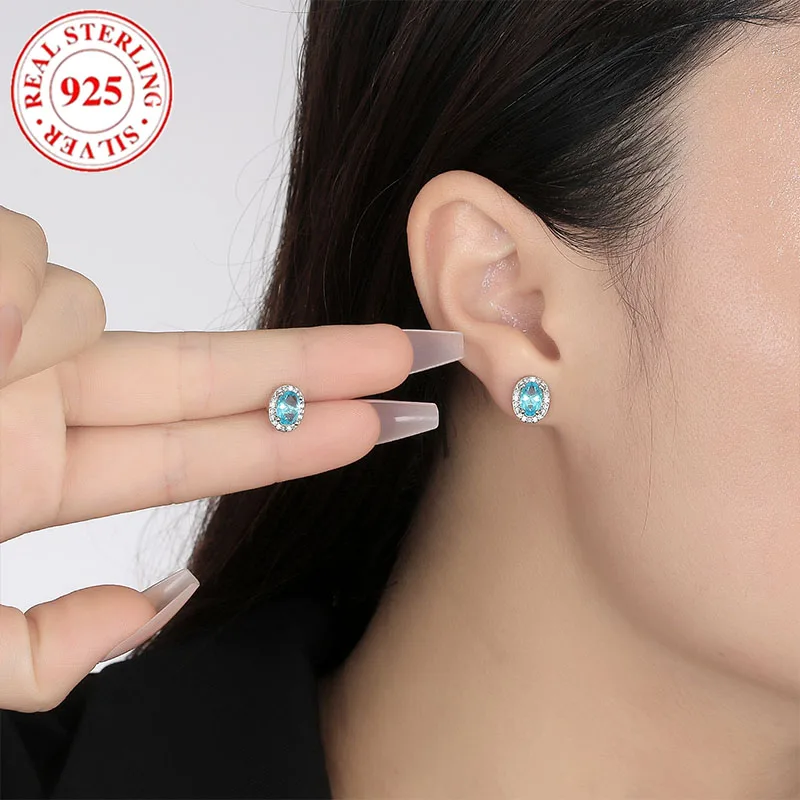 925 Sterling Silver Oval Egg-shaped Navy Blue Zirconia Women's Earrings Hypoallergenic Suitable for Gift Giving