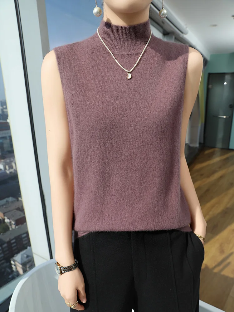 New Women's Waistcoat Simple Style Cashmere Sweater Mock Neck Sleeveless Pullover Autumn Winter 100% Mink Cashmere Knitwear Vest