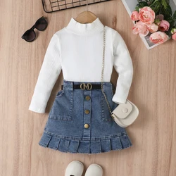 Girls High Neck Long Sleeve Ribbed Denim Pleated Skirt With Belt