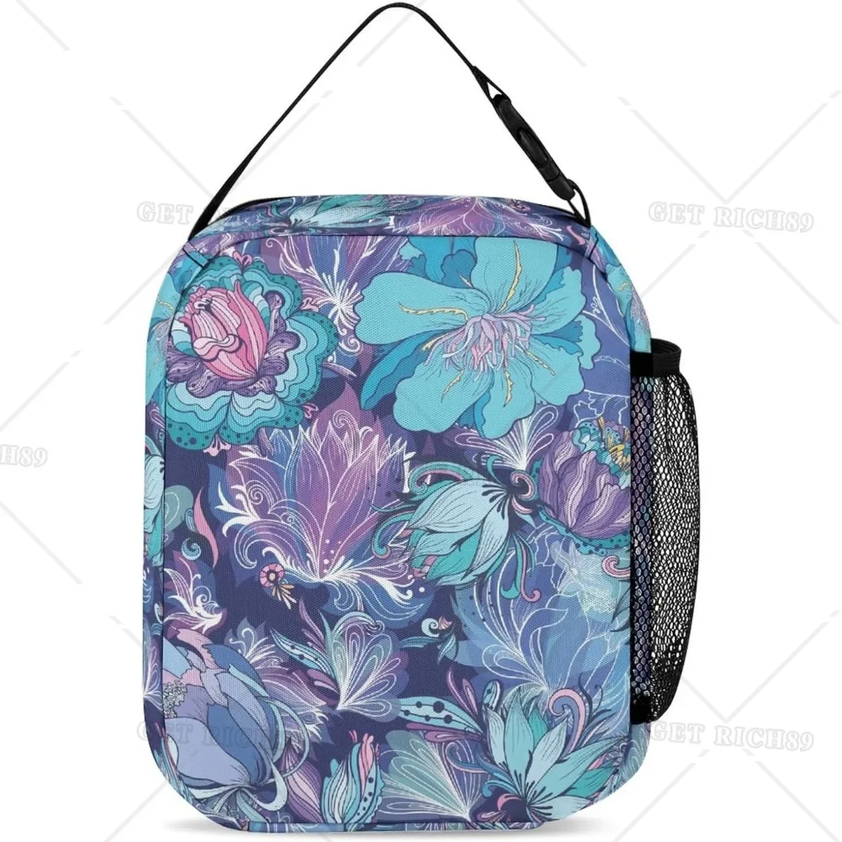 Floral-dark Blue Rectangular Lunch Bag Insulated Portable Lunch Box Tote Bags for Adults Men Women Travel Picnic Office Gifts