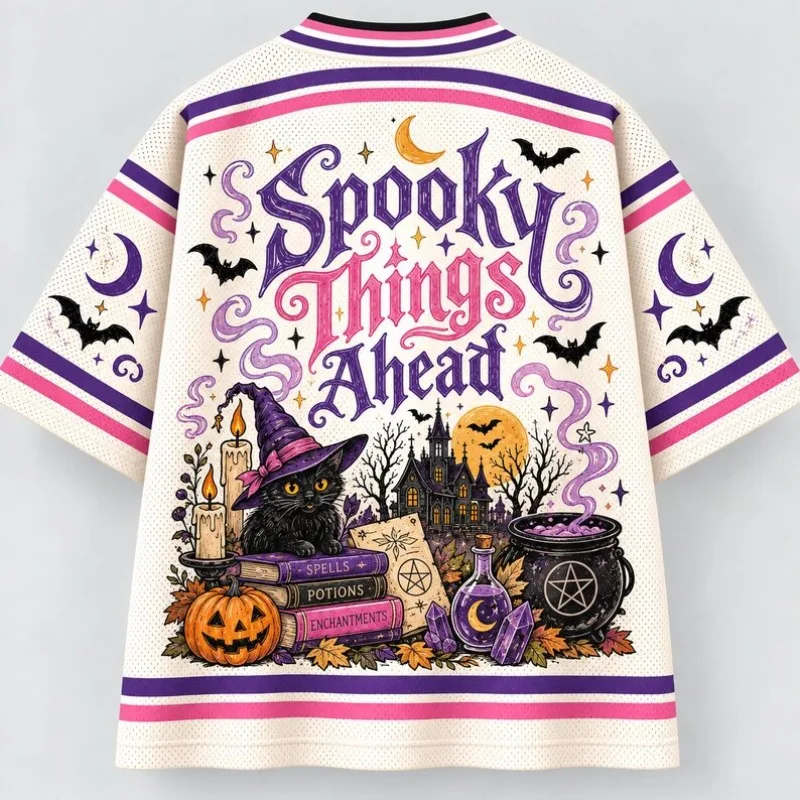Halloween V-neck Jersey, Witch Makes A Beautiful Day, Black Cat Witch Printed Short Sleeved Shirt, Retro Halloween Pattern Top