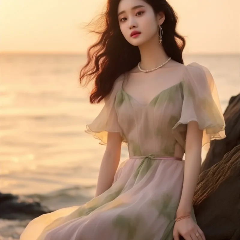 Seaside Vacation Beach Dress Super Beautiful Temperament Blooming Chiffon for Women