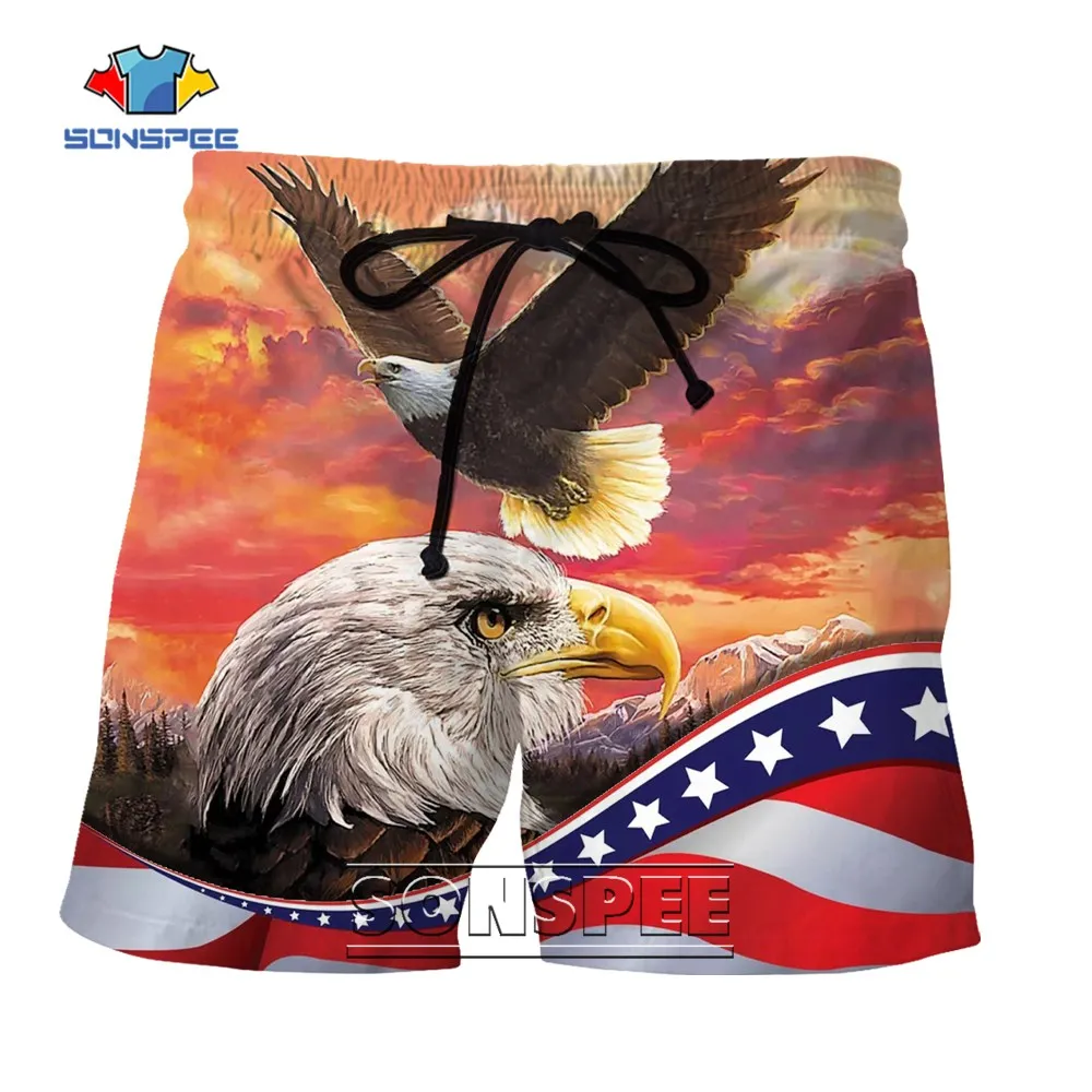 

SONSPEE 3D Print Cool American Flag With Animal Bald Eagle Patchwork Shorts Casual Fashion Loose Gym Fitness Sports Short Pants