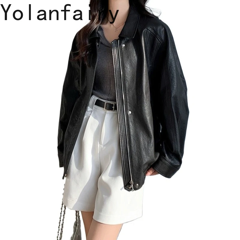 

YOLANFAIRY 100% Натуральная кожаная куртка из овчины для женщин 2026: Винтажное свободное пальто из натуральной кожи, элегантная женская куртка средней длины