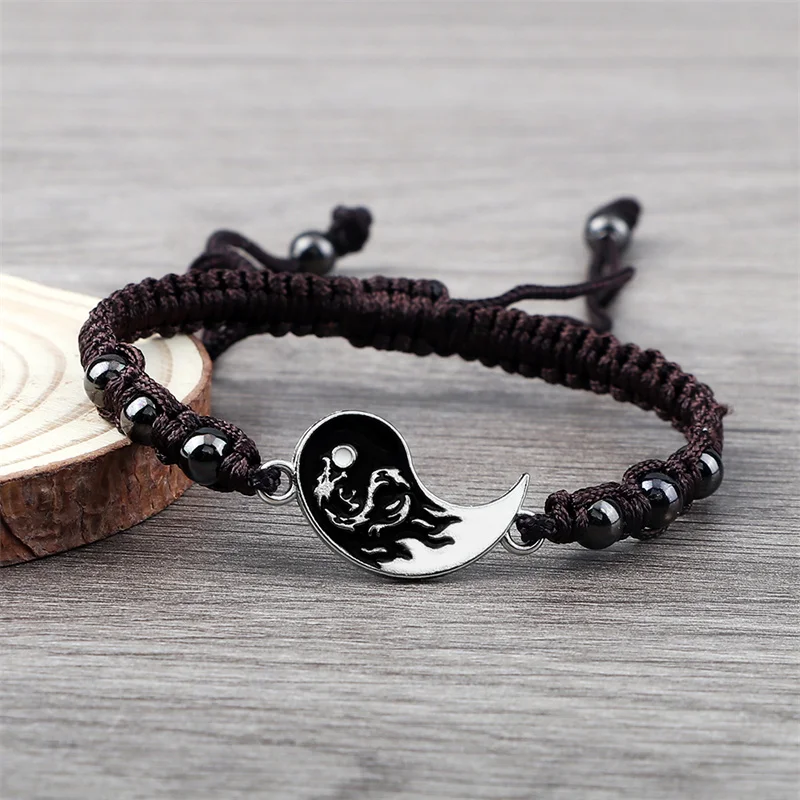 Dragon Tai Chi Braided Bracelet Adjustable Back White Rope Chain Yin Yang Chram Bracelets Women Men Vintage Jewelry Friends Gift