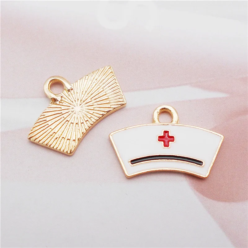 Julie Wang 6PCS Tiny Enamel White Nurse Cap Charms Alloy Cartoon Nurse Hat Pendant Bracelet Earrings Jewelry Making Accessory