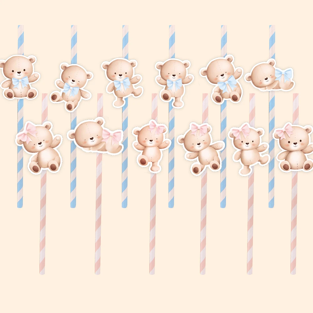 12pcs Carton Bear Straws Eco Striped Drinking Straws for Kids Baby Shower Bear Themed Happy Birthday Party Decoration Supply