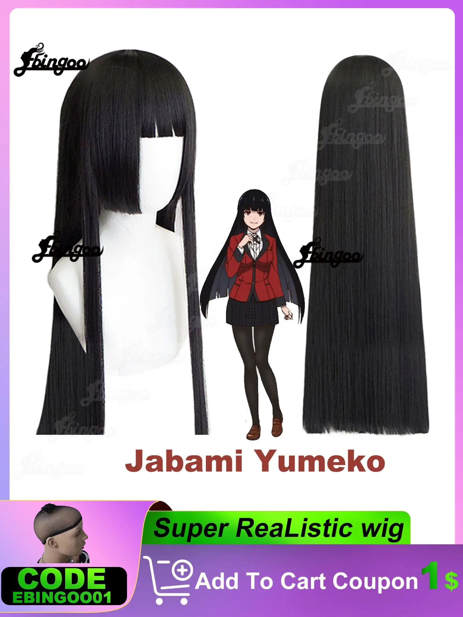 Ebingoo Synthetic Wig Kakegurui Jabami Yumeko Cosplay Wigs 100cm Black Straight Heat Resistant Perucas For halloween Party