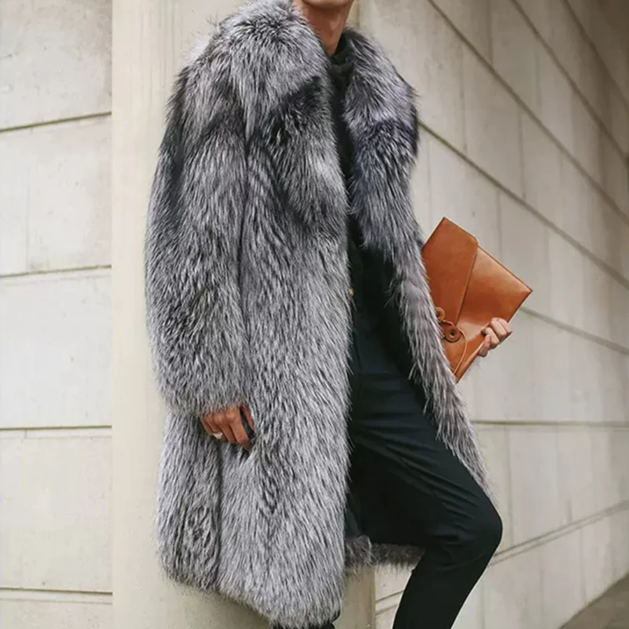 New Men\'s Genuine Real Sliver Fox Fur Long Fur Coat Natural Fox Fur Knee-Length Winter Warm