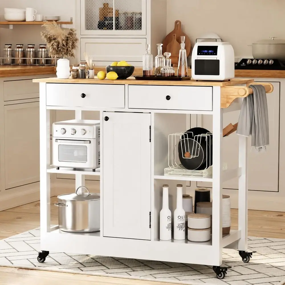 Kitchen Island with Stora, 38 Inch Rolling Kitchen Island on Wheels with 2 Ders and 4 Open Shees, Small Wood Top Moile Kitchen I