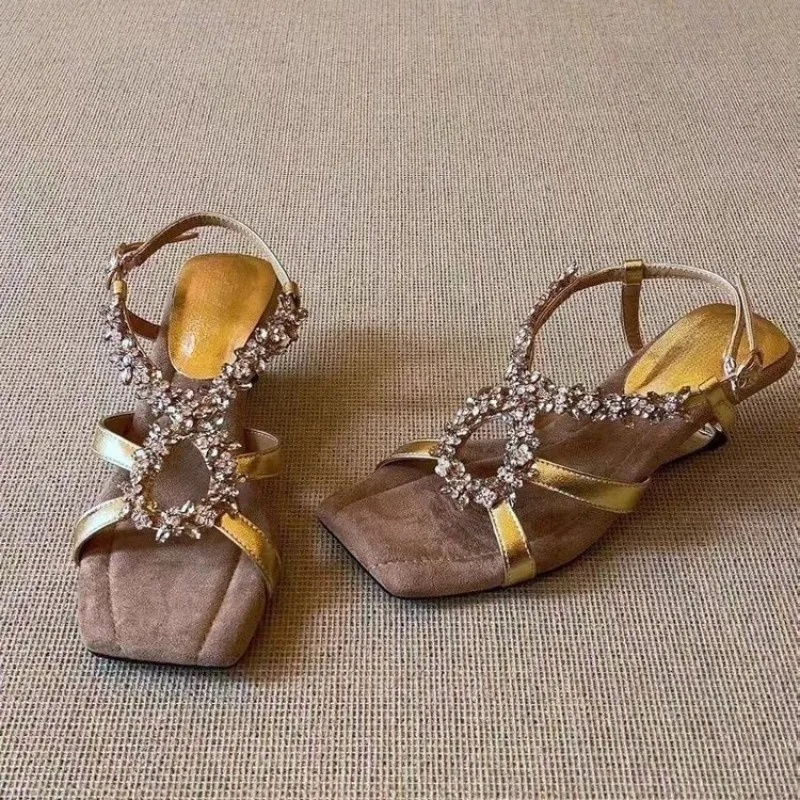 

Heightened Wedge Beautiful Rhinestone Cross Back Trip Strap Fashion Temperament Square Toe Comfortable Open Toe Sandals