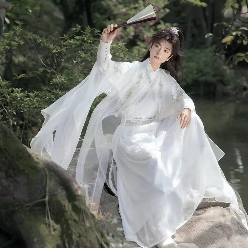 التقليدية الأبيض التطريز Hanfu الرجال النساء الصينية Weijin فترة زي مجموعة الجنية المبارز تأثيري البدلة المرحلة حفلة الزي
