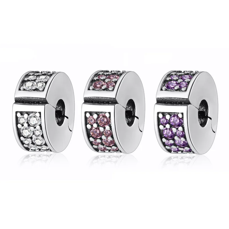 Pave Shining Elegance Clip Lock Stopper Charm Fit Women Bracelet Bangle DIY Jewelry Authentic S925 Sterling Silver Bead