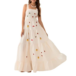 Women's Long Flowy Hem Dress Sleeveless Flower/Strawberry Embroidery Beach Dressesr Spaghetti Strap Vestido