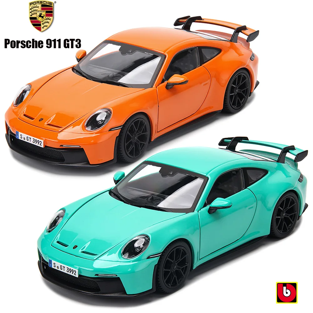 Bburago 1:24 포르쉐 911 GT3 형광 녹색 회색 합금 럭셔리 차량 다이캐스트 자동차 모델 장난감 컬렉션 선물, 생일 선물