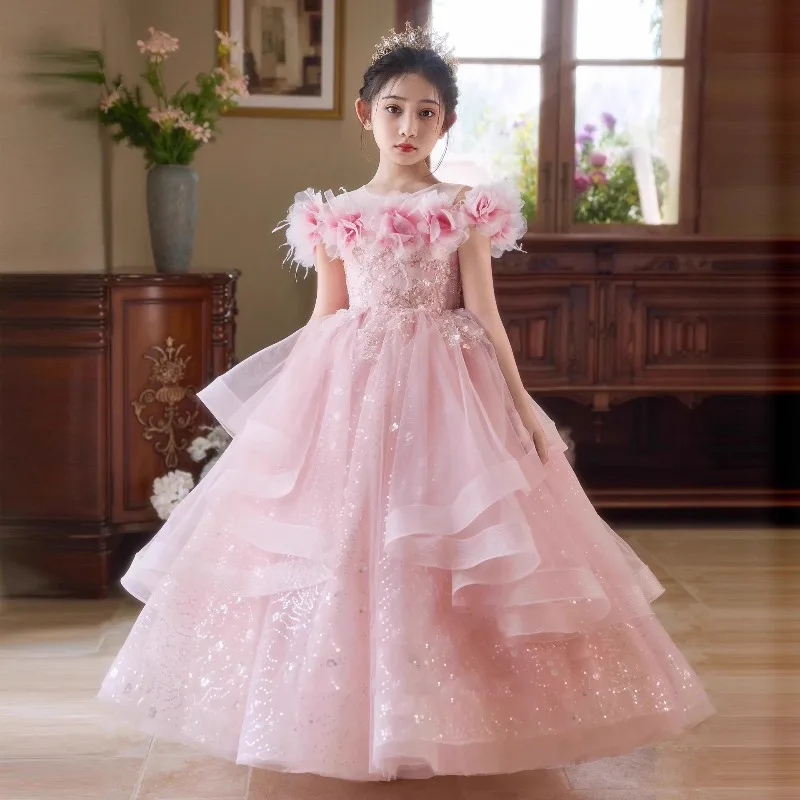 Girls' Dress A Stunning Pink High-end Host Girl's Princess Dress for Her Birthday Children's Piano Performance Costumes