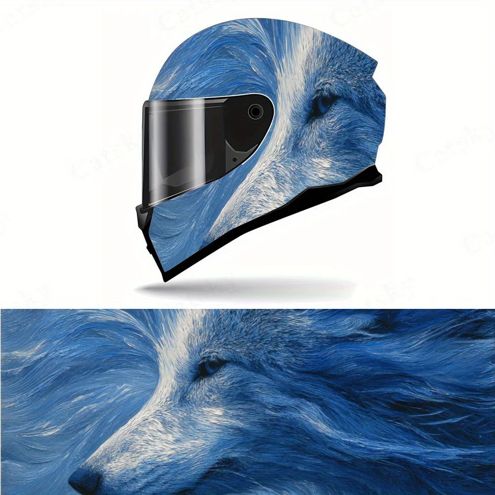 

Cool Blue Flame Wolf Head PVC Motorcycle Helmet Vinyl Wrap, Self-Adhesive Waterproof Sticker, Anti-Scratch Decorative Film for F