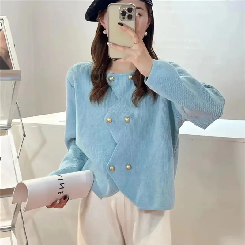 Knitted Top for Women Round O Neck Cardigan Ladies Sweaters Winter Button Purple Cold Modern Y2k Vintage 2024 New Collection In