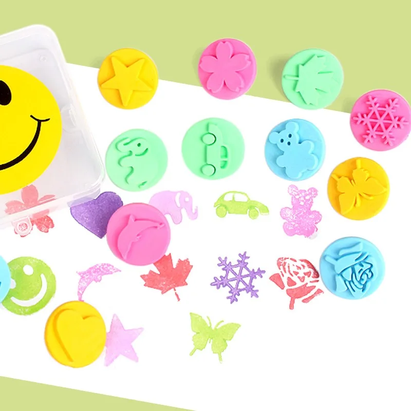 12pcs/Set Kid DIY Sponge Stamp Brush Kindergarten Pattern Rubbings Graffiti Seal Cute Animal Flower Painting Seal For Boys Girls