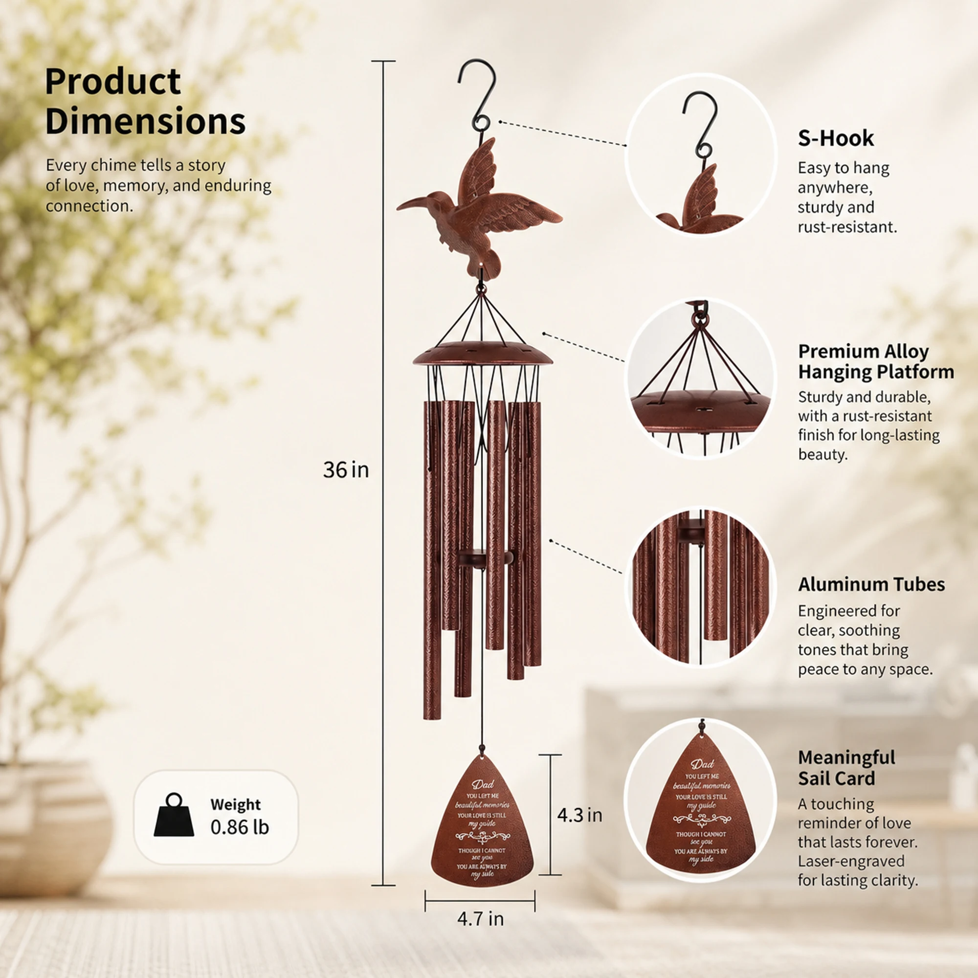 Deep-Tone Hummingbird Wind Chime, 36 in Outdoor Aluminum Tubes - Weather-Resistant Rustproof Waterproof - Laser-Engraved Memorial Wind Sail Hanging Decor - Bereavement Sympathy Gift