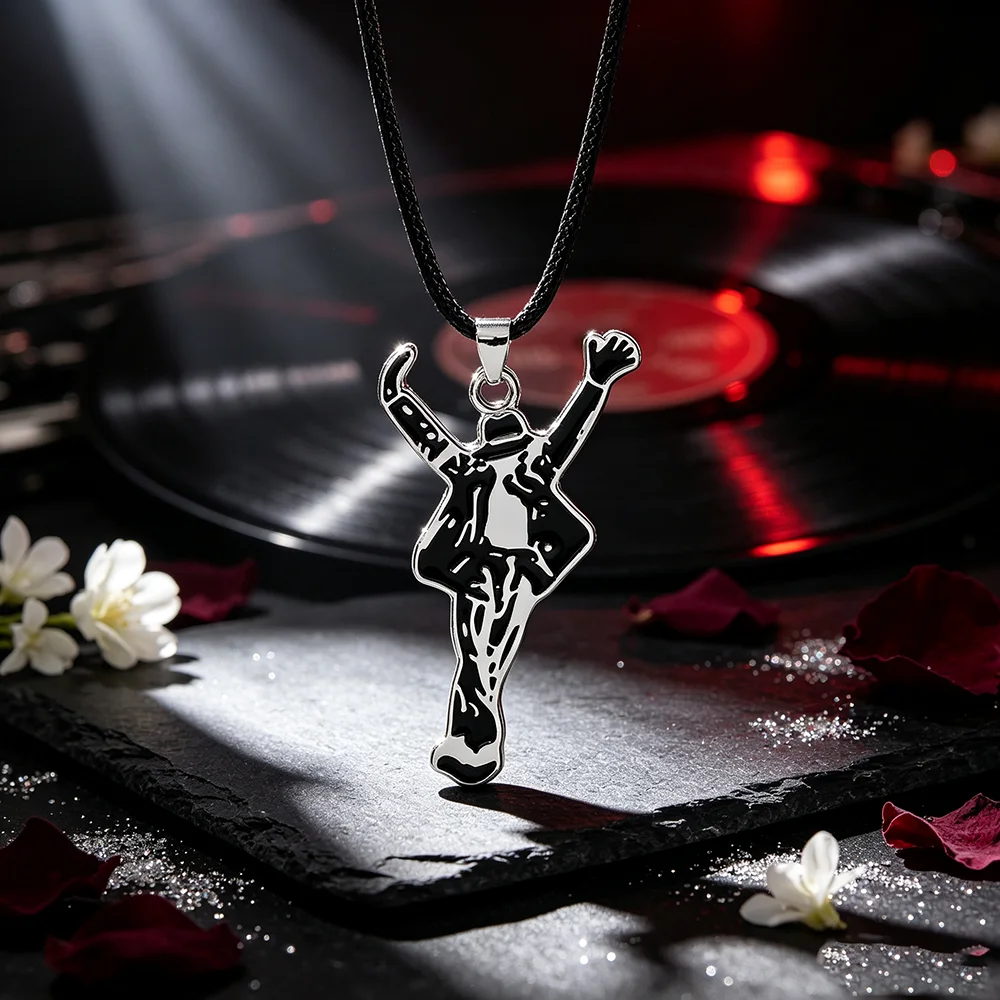 Rock Singer MJ Michael Jackson Pendant Necklace, Enamel Figure Charm Music Fan Cosplay Jewelry Gift for Men Women