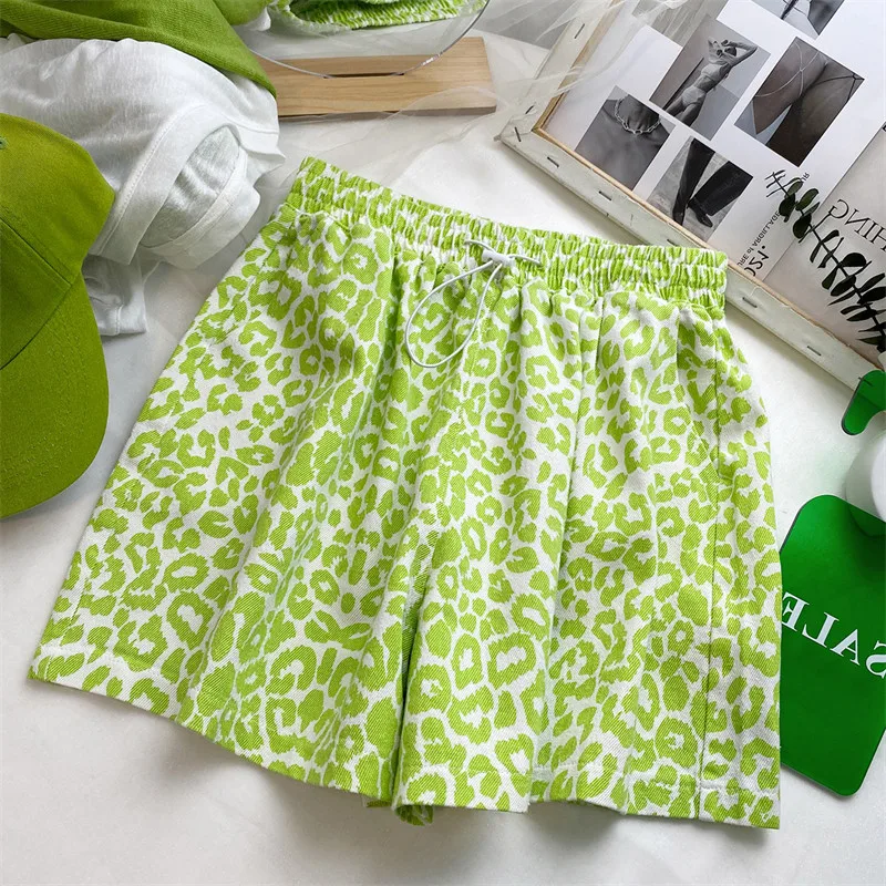 Women's Fluorescent Green Leopard Print Casual Shorts Elastic Waist Drawstring Summer Beach Shorts Korean Style Oversized Pants