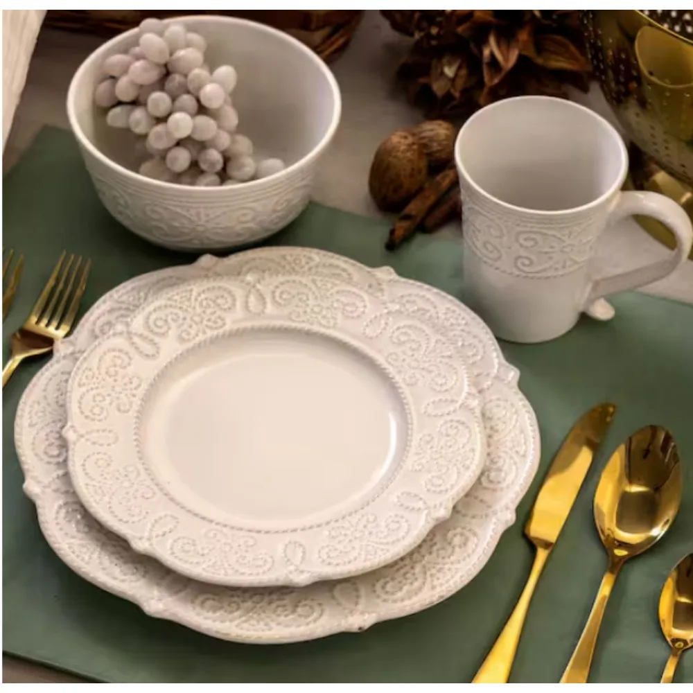 

16-Piece Luna Embossed Scalloped White Stoneware Dinnerware Set (Service for 4)