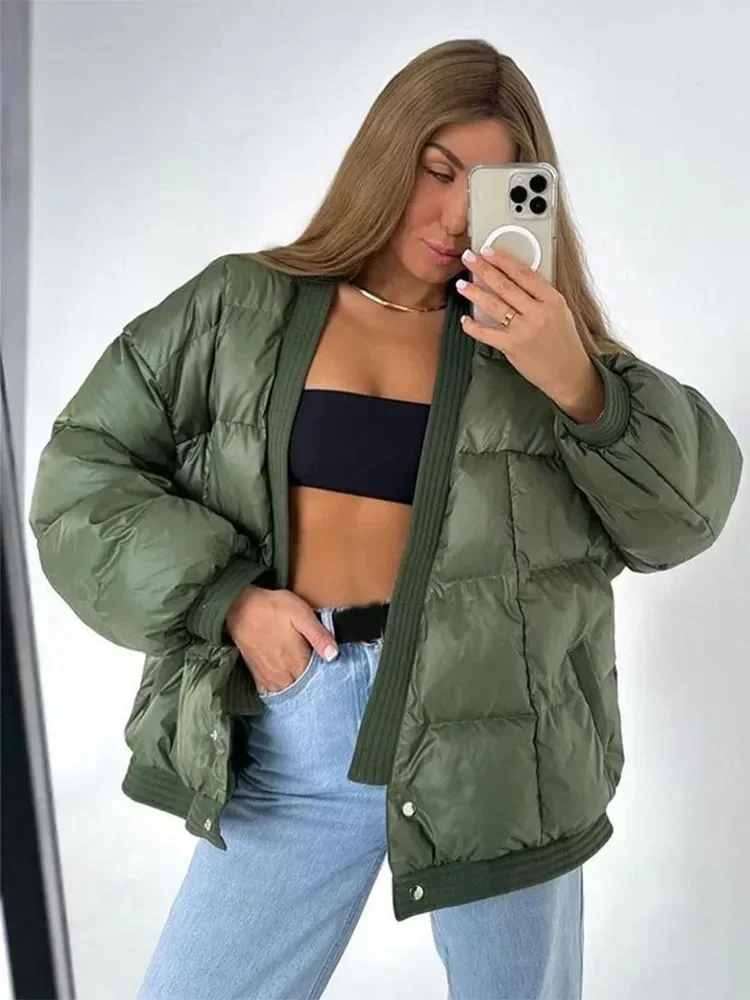 Women Chic Green V Neck Down Coat Casual Double-breasted Long Sleeve Pocket Crop Cotton Jacket New Lady Commute Street Outerwear