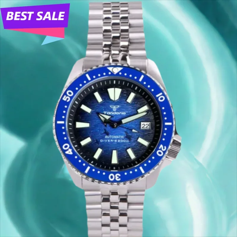 

Мужские часы для дайвинга серии SKX 41 мм Tandorio, синий циферблат с видом на море, светящееся окошко даты, безель SUB, Япония NH35A, автоматические механические, 20 АТМ