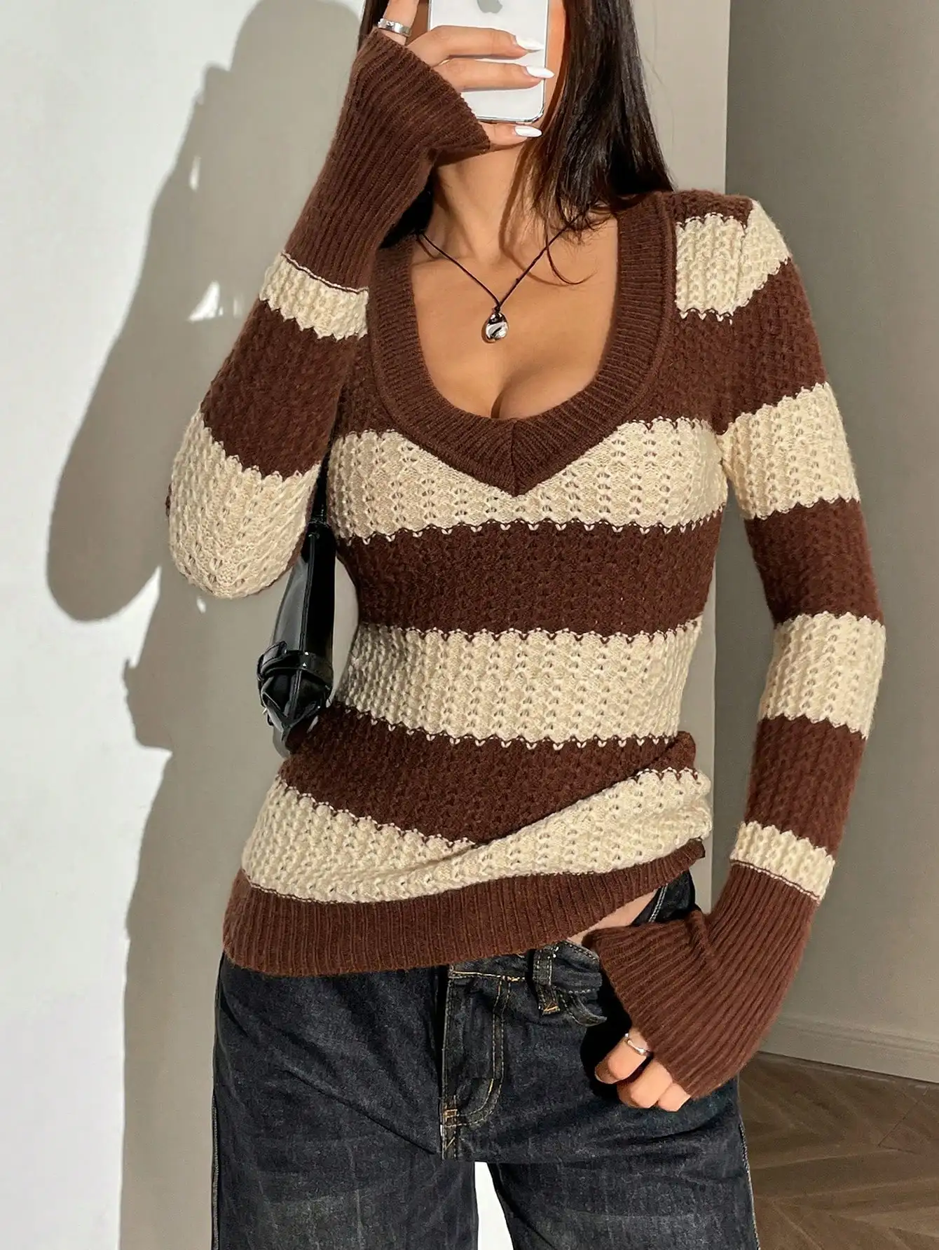 Suéter de Punto a Rayas con Cuello en V para Mujer, Marrón y Crema, Ajustado, Informal, para Otoño e Invierno