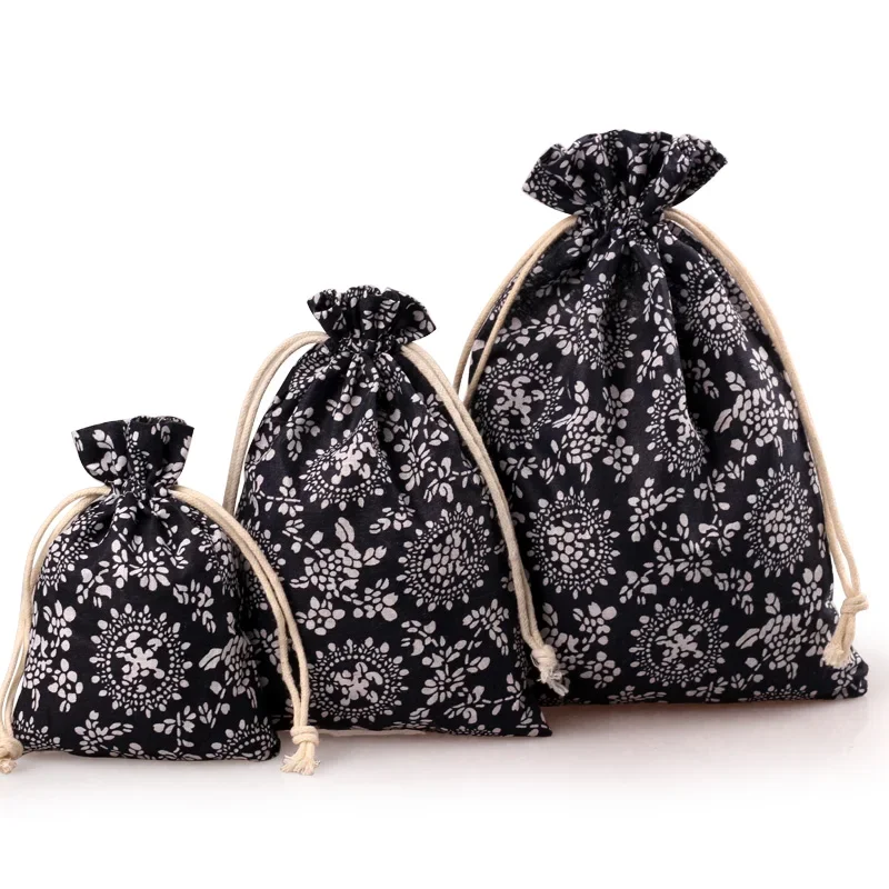 1pc Jute gift bag Jewelry Pouch Print Drawstring Gift Bag Cotton Sachet Candy Travel Ethnic Wedding Party Christmas Gift Bags