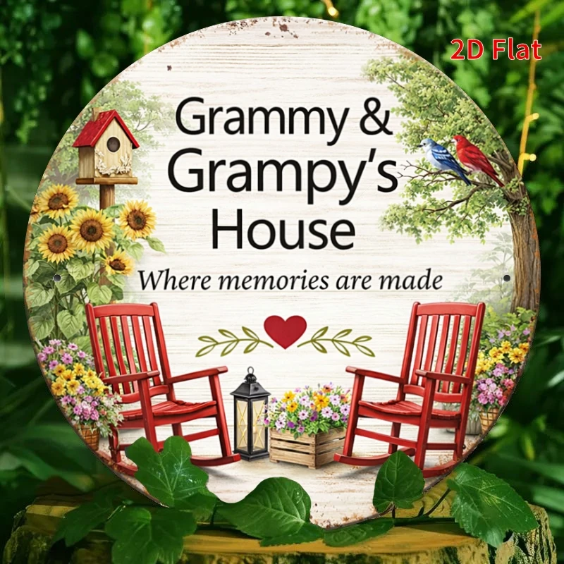 2D Flat - Decorative Sign 2D Flat, [2Dflat], 1pc 7.87X7.87inch- Round Vintage Metal Tin Sign, Grammy Grampy'S House Memories Are