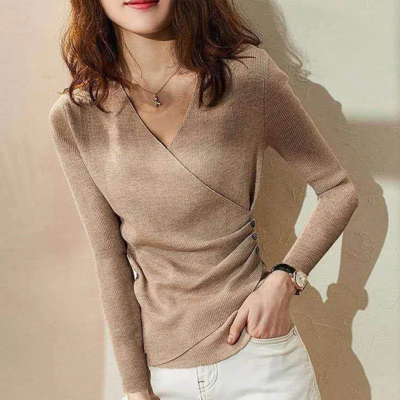 Women Clothing Fashion Slim Solid Knit Pullovers Autumn Winter Elegant Chic Long Sleeve V-neck Sweaters Casual Versatile Y2k Top