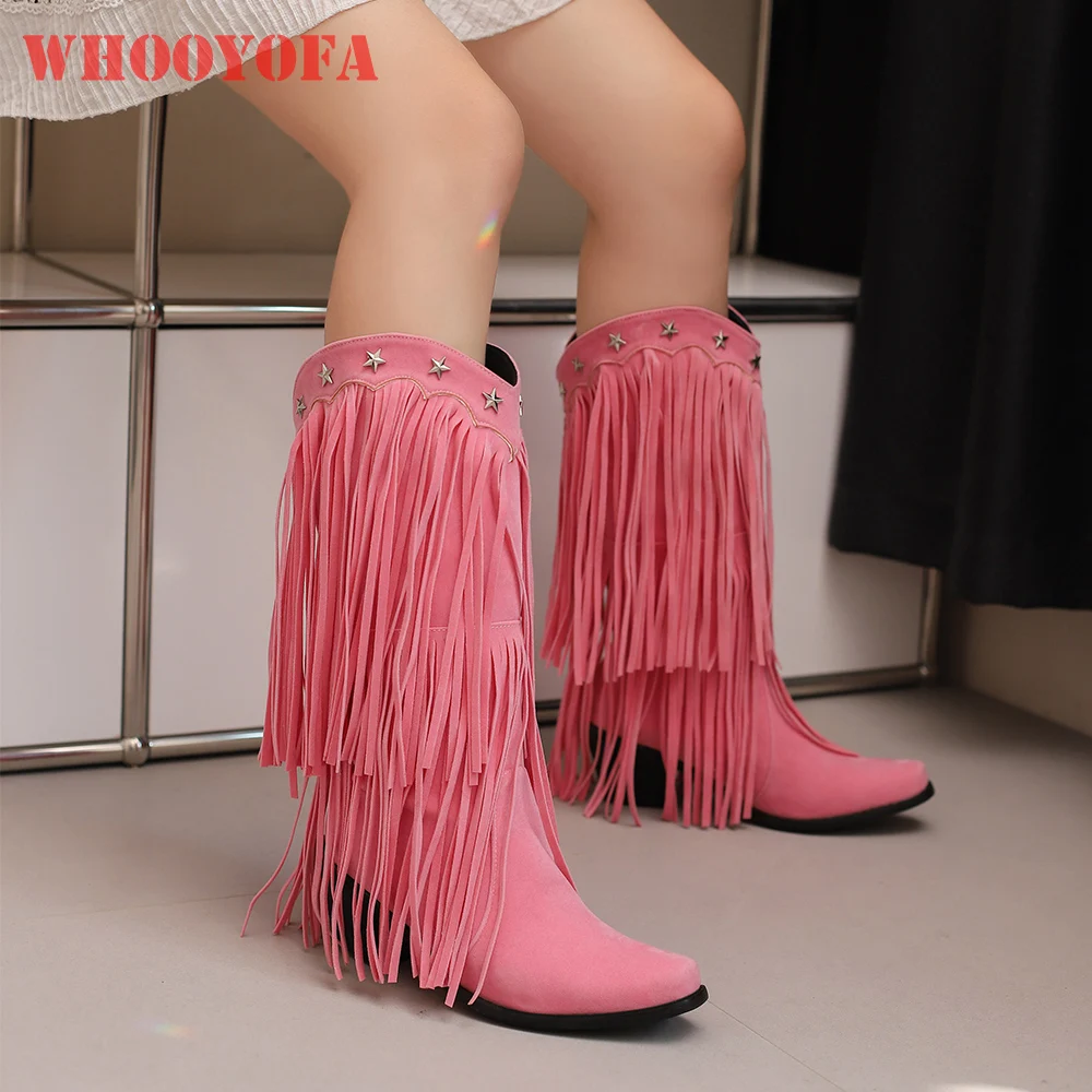 

2025 Winter New Glamour Pink Red Women Knee High Fringle Boots 6cm High Heels Lady Shoes Plus Small Big Size 32 43 48