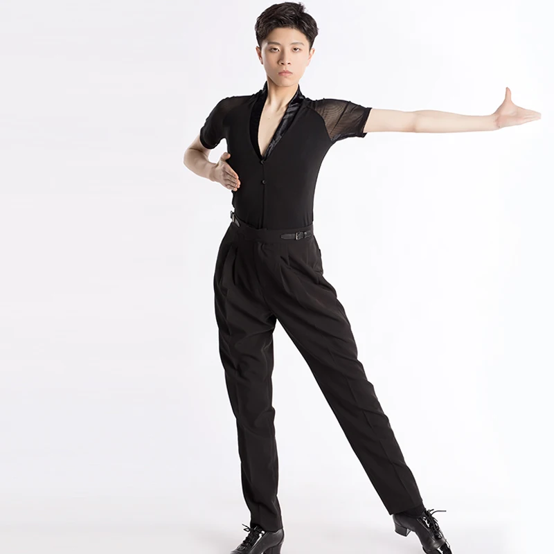 personalizzato uomo adulto costume da ballo latino performance tuta da allenamento scollo a V splicing top a maniche corte abito da ballo standard