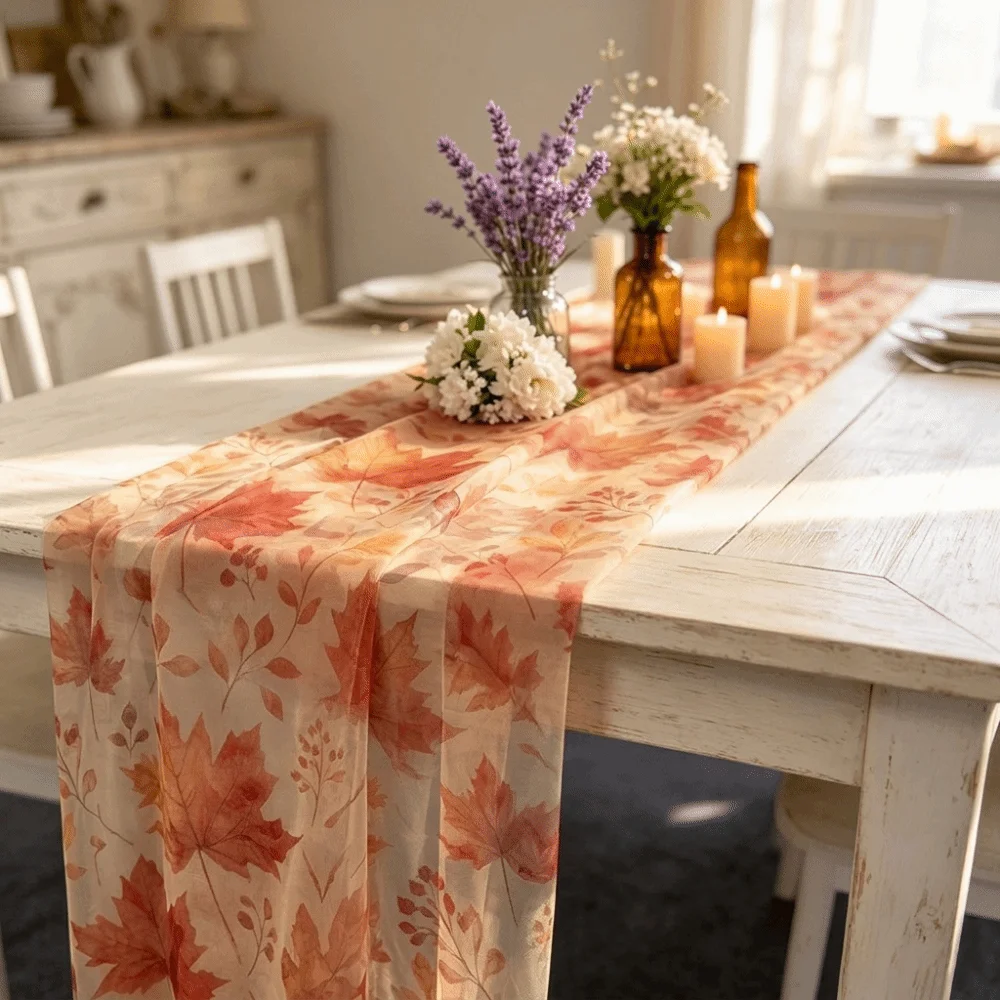 Festive Tulle Maple Leaf Table Runner Sheer Rustic Fall Table Decor Decorative Farmhouse Thanksgiving Tablecloth Fall Harvest