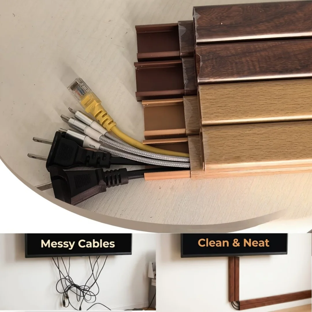1pc Wood Grain Self-Adhesive PVC Cable Trunking, Floor Cord Cover Wire Hider for Cable Management view 5