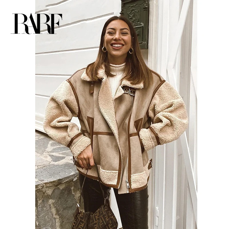 RARF 2024 Autumn Winter Women Warm Faux Fur Fleece Coat Jacket Female Loose Patchwork Thickened Locomotive Lapel Chic Outwear