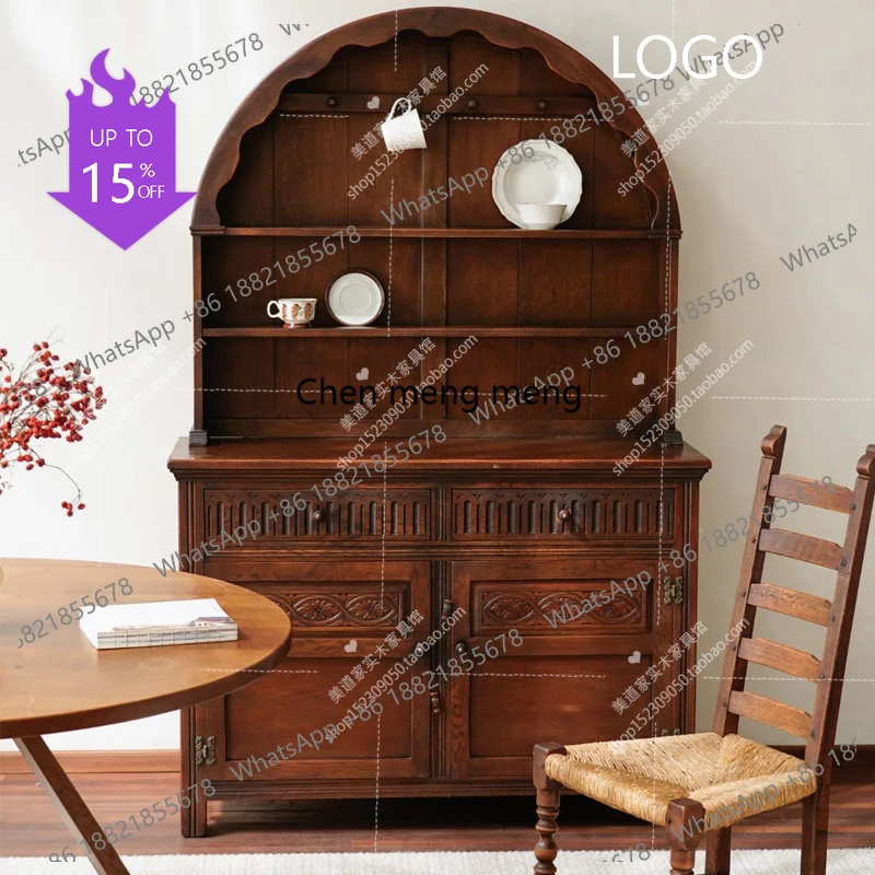 D80 Carved Side Cabinet American Vintage Arched Dining Side Cabinet Bowl and Plate Cabinet Living Room Display Storage Showcase