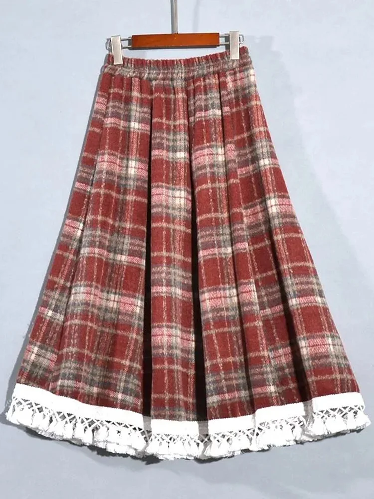 인조 울 레드 체크 롱 스커트 여성 하이웨이스트 빈티지 스위트 스커트 캐주얼 한국 가을 겨울 소프트 프레피 스타일 롱 스커트
